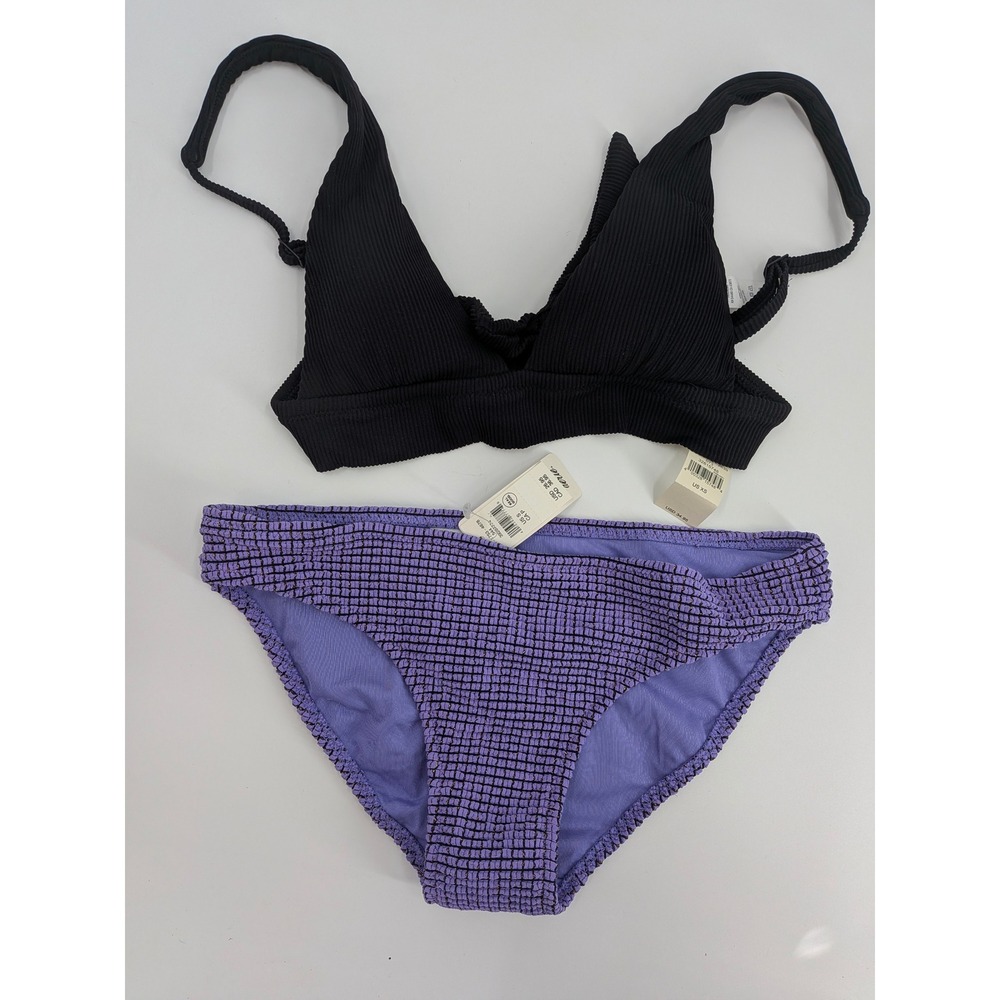 Aerie Bikini Set Black Ribbed Triangle Top XS Purple Textured Bottoms S NWT